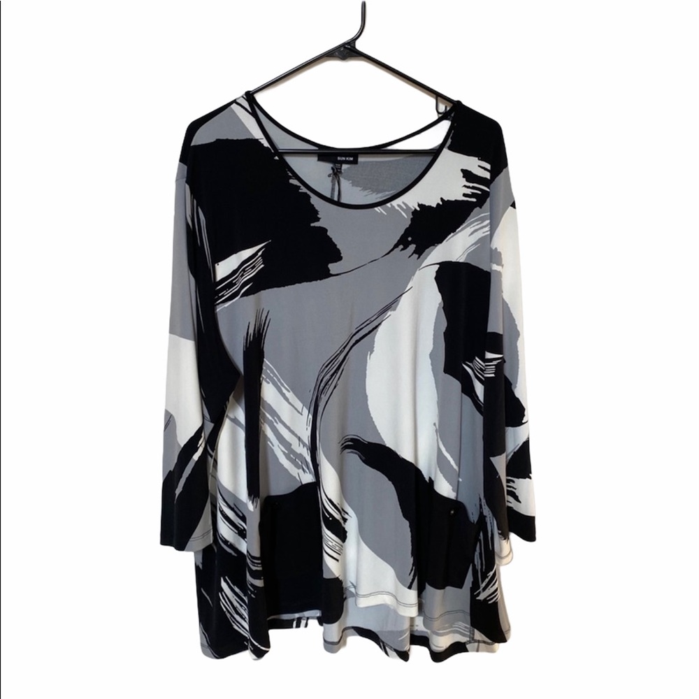 WORTHINGTON Black & Gray Abstract Print Scoop Neck Blouse